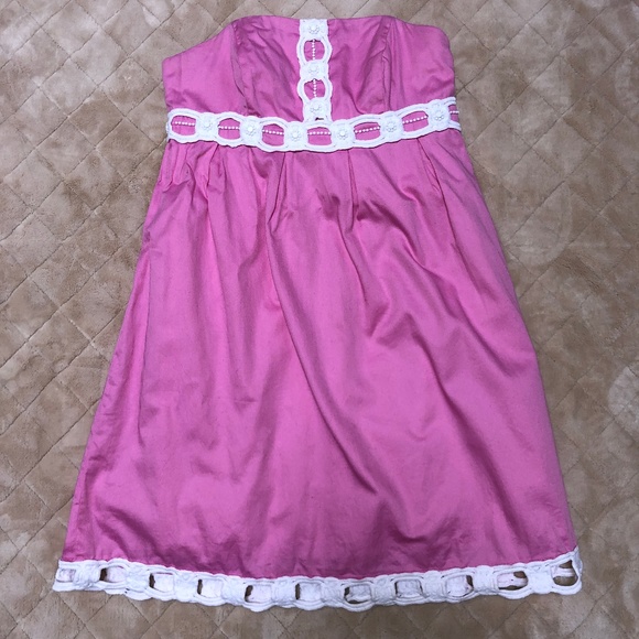 LILLY PULITZER Strapless Dress Pink White Lace - Picture 1 of 3
